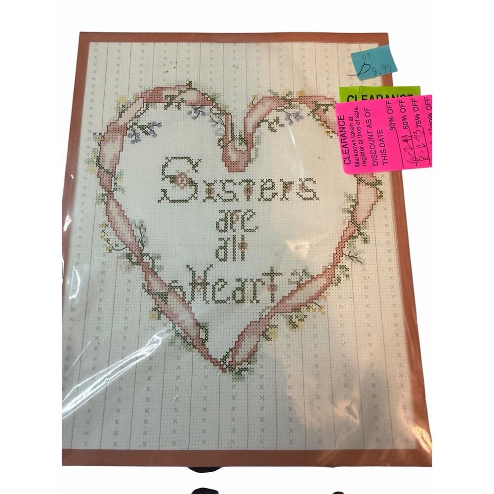 Vintage New Cross Stitch Kit Sisters are all Heart Pink Frame Flowers 8x10